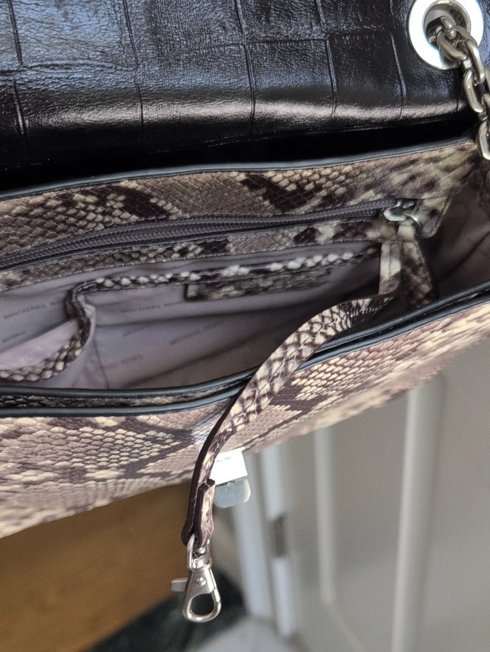Michael Kors Black Croc Embossed Leather Flap Shoulder Bag with Snake-Print Body